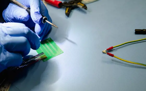 A nitrile-gloved pair of hands soldering electronics in an HMGCC electronics lab
