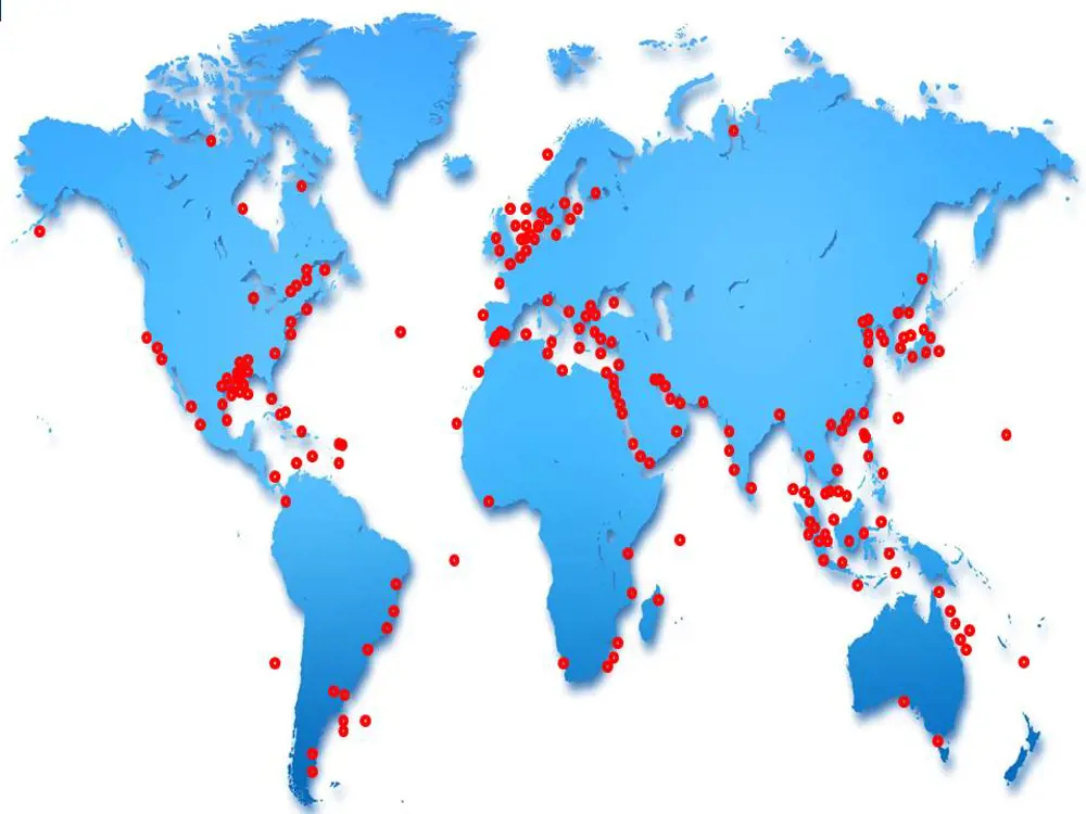 A map of the world with dots marking where the SERS has dealt with incidents at sea.