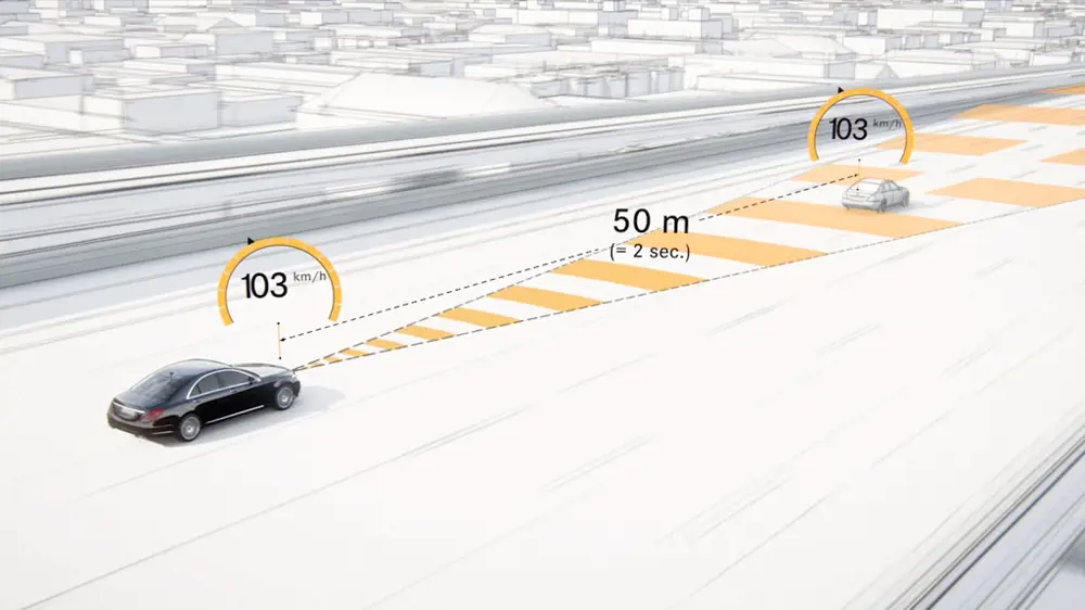 A computer generated representation of a Mercedes autonomous vehicle travelling at 103 km/h, sensing a car in front of it also travelling at 103 km/h.