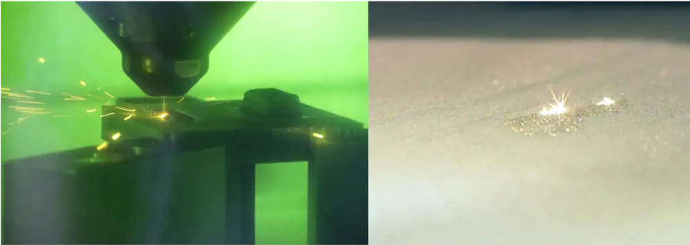 Two photos side by side, one showing a directed energy deposition 3D printer moving over a surface, the other is a close up of part of a surface being melted by a laser.