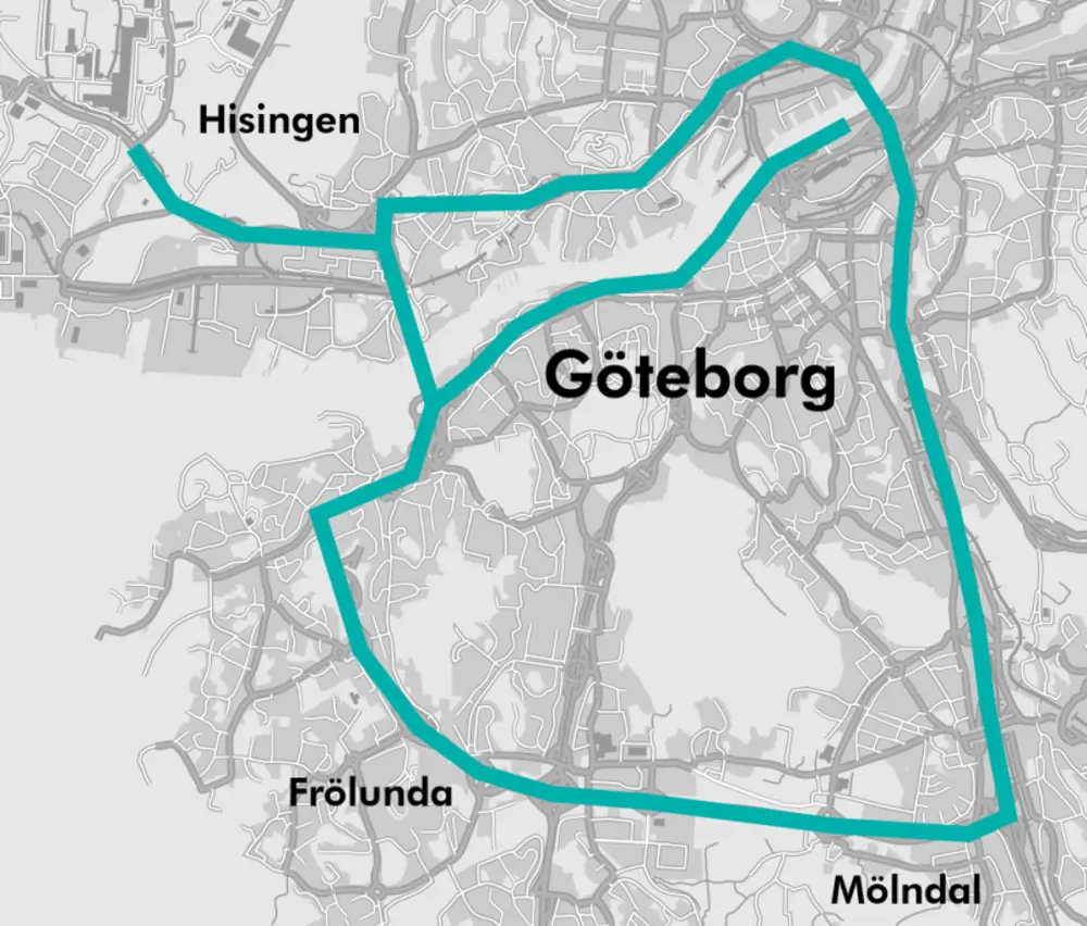 A map of the main road in Gothenburg where the Drive Me project cars will travel on.