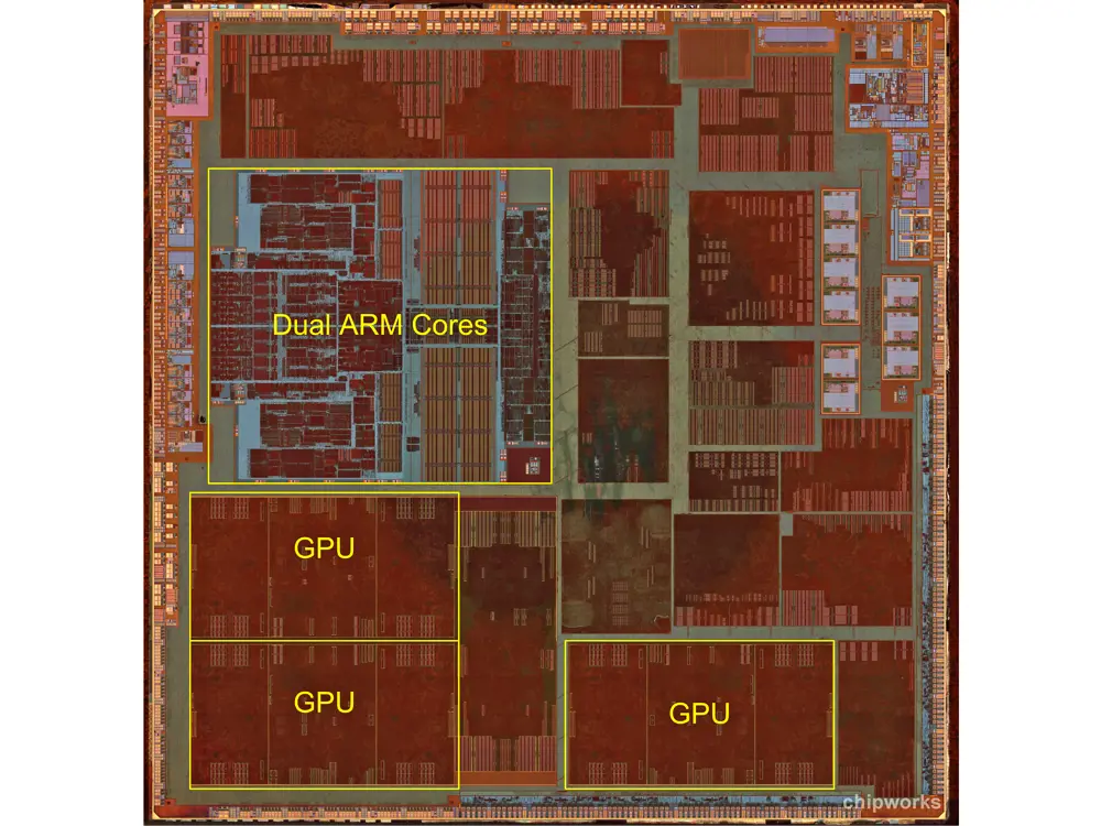 The area given to the GPUs in Apple's chips, compared to its CPUs.