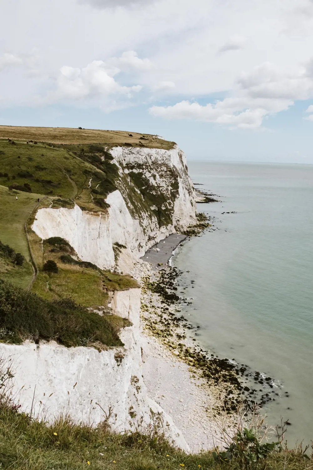 The white cliffs of Dover on a slightly overcast day.