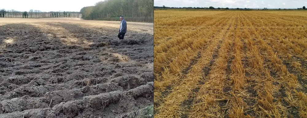 A photograph of a deeply ploughed field (left) and of a field ploughed at a shallower depth (right).