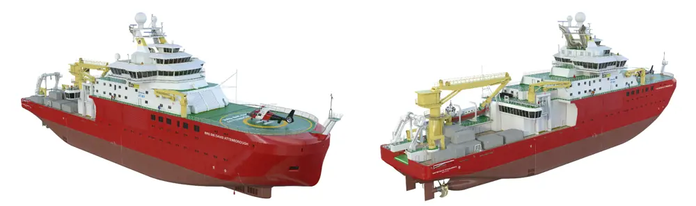 The RRS David Attenborough Ship from the front, with a helicopter on the landing pad (left) and from the back, showing the two propellers on the bottom and the scientific equipment on board (right).