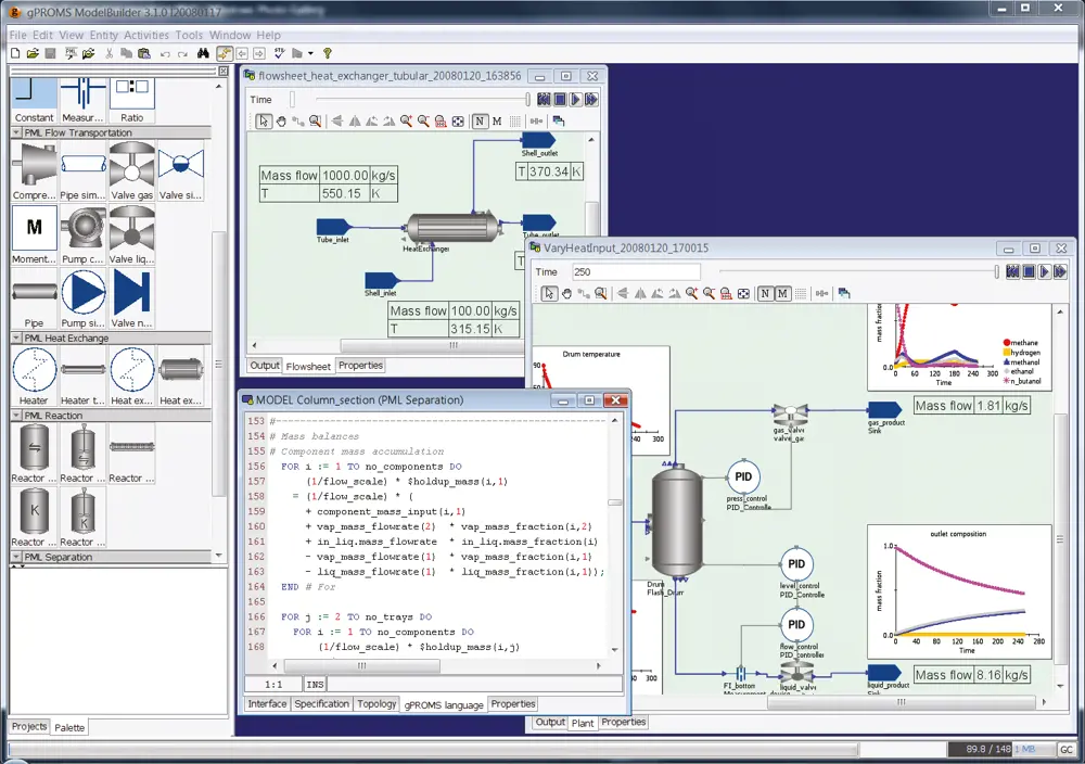 A screenshot showing details of gPROMS modelling software