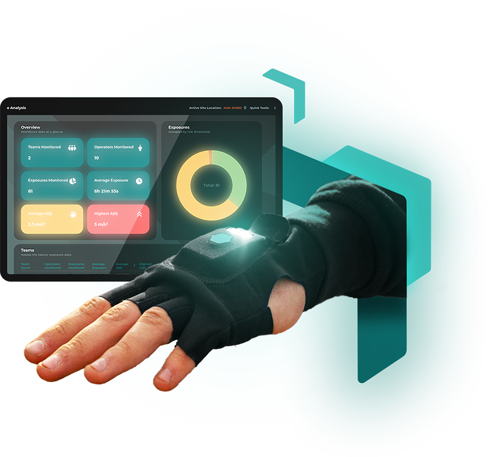 A hand wearing a black tech glove with a glowing sensor is shown in front of a digital dashboard displaying monitoring and exposure data
