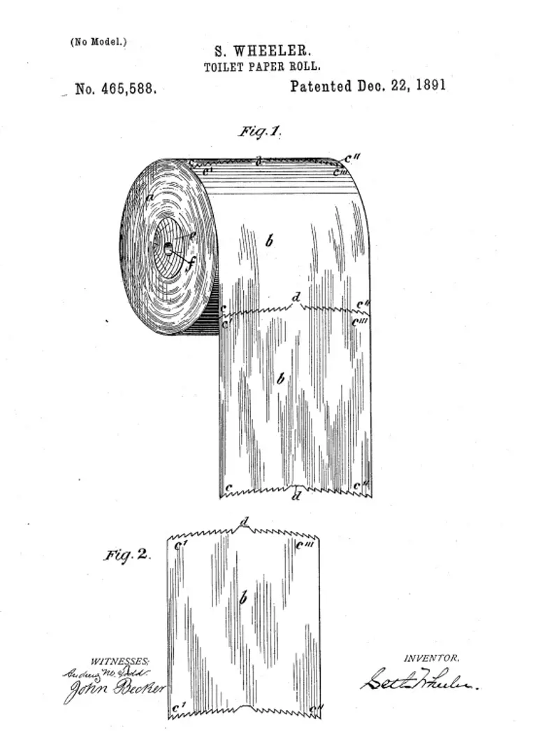 A patent library drawing of a toilet roll (displayed in an 'over' configuration'), highlighting the perforated tear line.