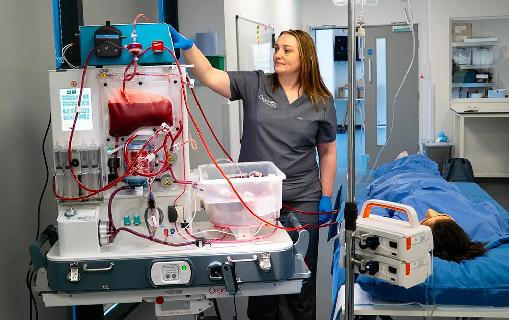 A healthcare worked in grey scrubs looks at an OrganOx liver perfusion machine, which is hooked up to a patient laying in bed, covered with a blue sheet