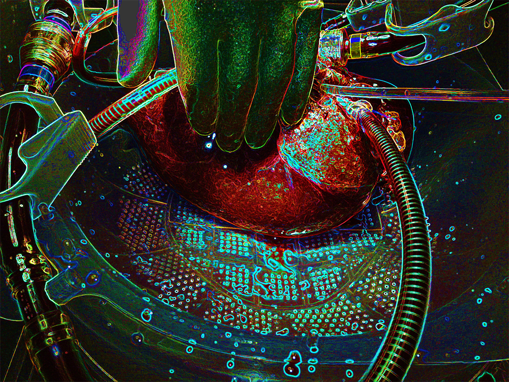 An artistic interpretation of a liver with tube attached and a hand