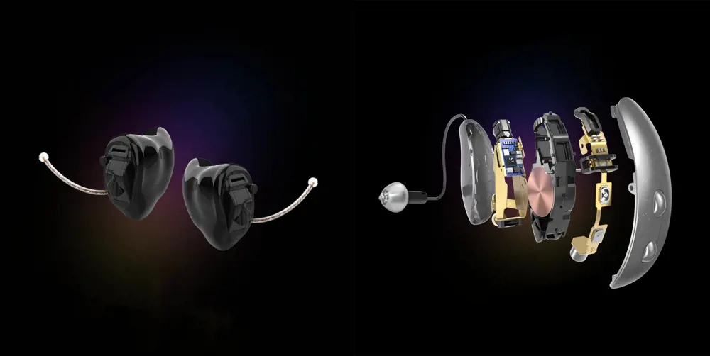 On the left, a close up of small black 'invisible'-style hearing aids on a black background; and on the right, an exploded view of a larger behind the ear style