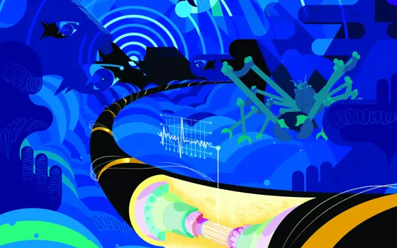 Stylised artist's impression of an undersea cable in the foreground, with a cutaway showing the internal optical fibres, and whales depicted far in the background,