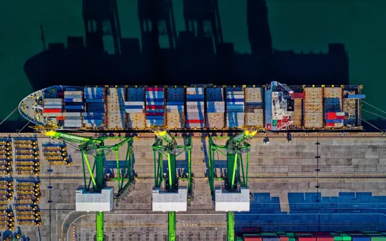 A container ship viewed from above, with green cranes on the dock.