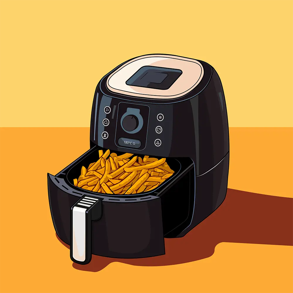 An illustration of a black air fryer with the drawer open and cooked chips in the basket, on an orange background