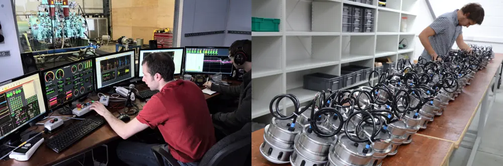Mechanical engineers in front of computer monitors on a desk (left). A person inspecting a batch of computer-controlled valves (right).