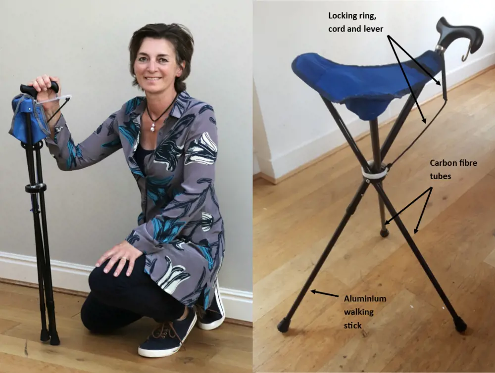 Caryn Moberly crouching and holding onto the walking stick she designed that folds into a stool (left). The labelled diagram of the stick stool, showing the carbon fibre tubes and aluminium walking stick as the base and the locking ring, cord and lever (right).