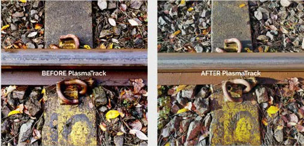 A rusty rail track before PlasmaTrack treatment (left) and a clean rail track after PlasmaTrack treatment (right).