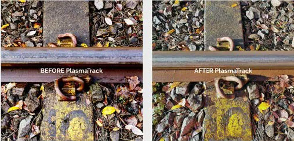 A rusty rail track before PlasmaTrack treatment (left) and a clean rail track after PlasmaTrack treatment (right).