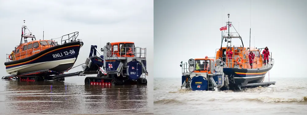 The launch and recovery tractor towing the Shannon boat on wet sand (left). The launch and recovery tractor attached to the Shannon out at sea (right).