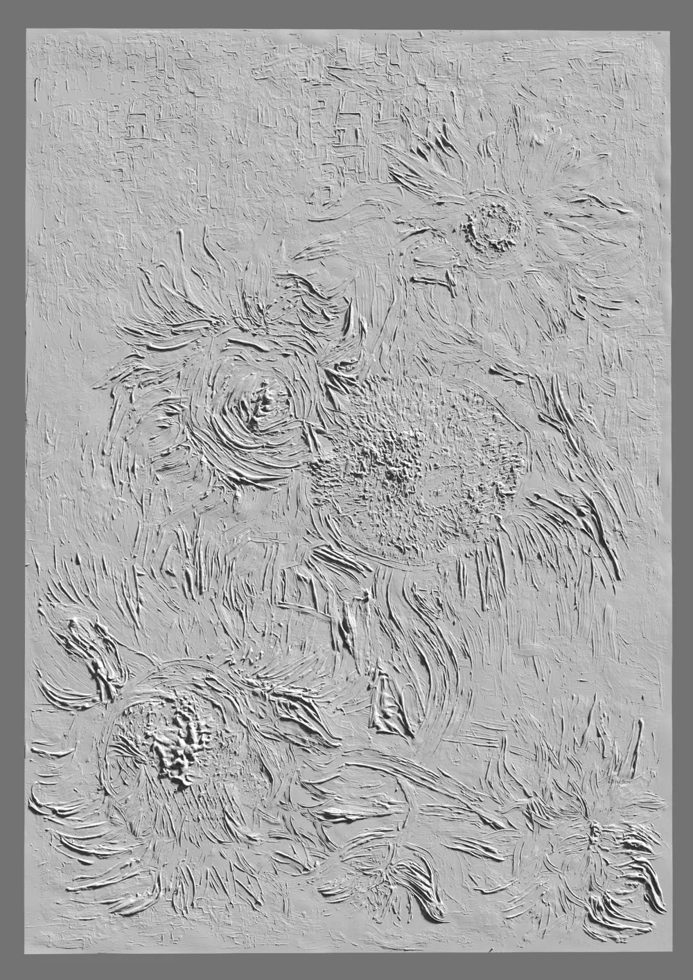 A black and white scan, showing the thick impasto texture of a Van Gogh sunflowers painting.