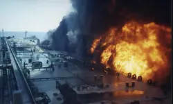 An explosion next to a large ship.
