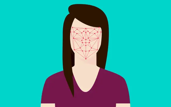 A digital illustration of a women with red facial recognition dots, that are connected by lines, projected onto her face,.
