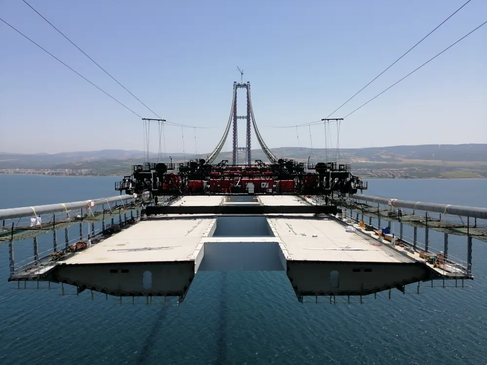 The innovative gantries, designed by DLT engineering, being used to lift sections of the Canakkale deck on a sunny day above the Dardanelles Strait.