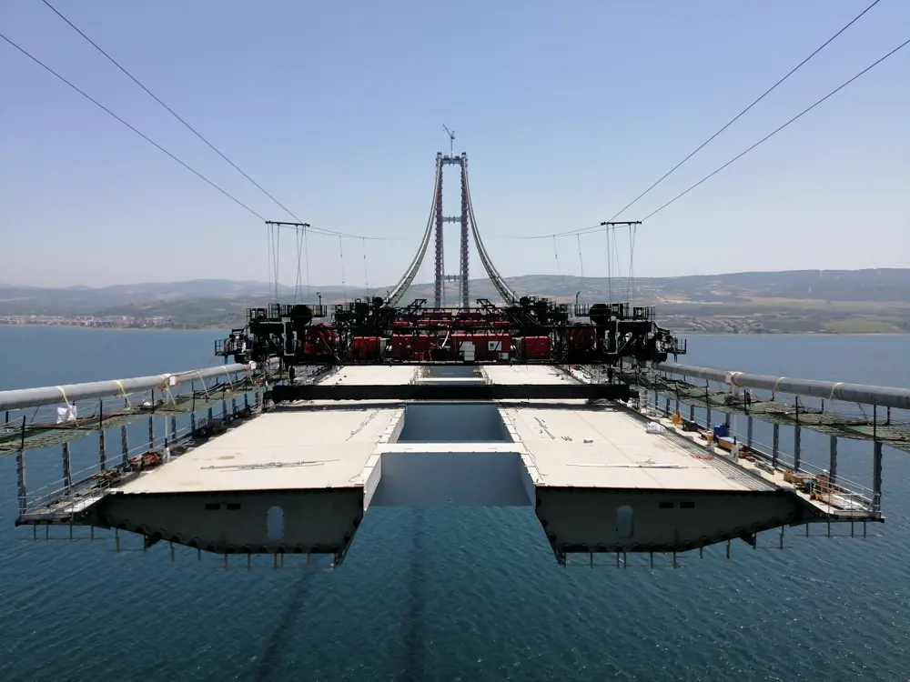 The innovative gantries, designed by DLT engineering, being used to lift sections of the Canakkale deck on a sunny day above the Dardanelles Strait.