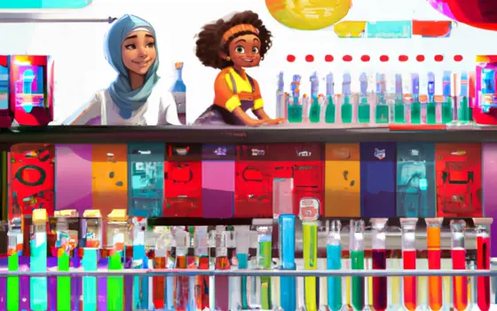 An illustration of two women scientists in a lab with an array of brightly coloured test tubes.