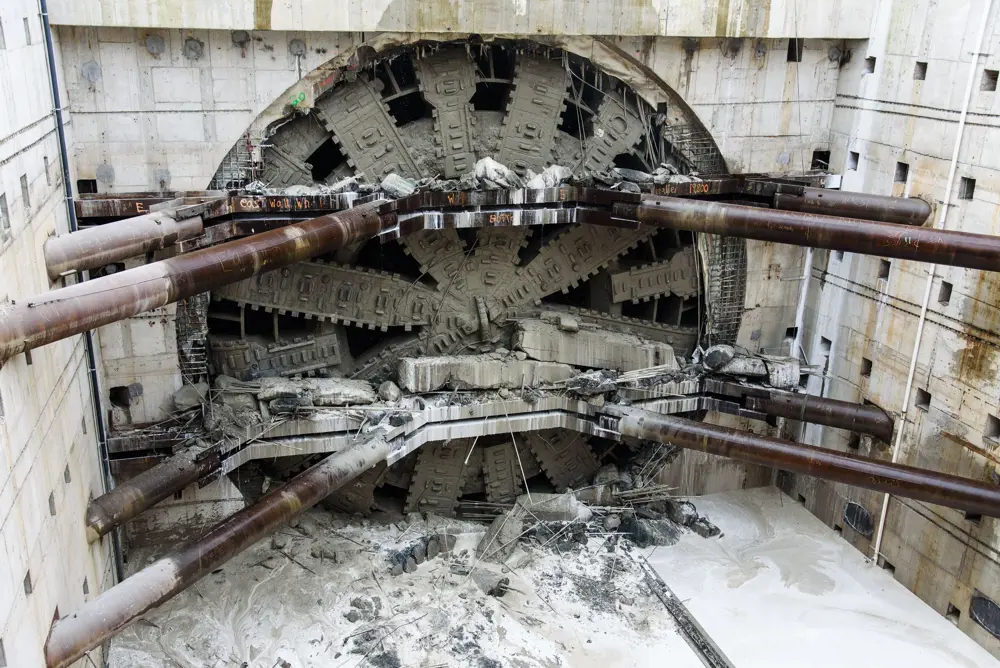 A large Earth pressure balance machine at the end of the Alaskan Way tunnel while it is being constructed.