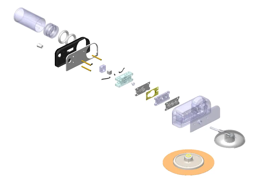 A computer generated design showing all the individual components that fit together to form an insulin cartridge. 