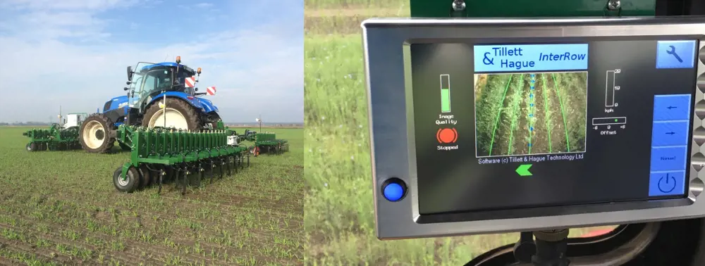 The side-profile of a tractor with three vision-guided hoe systems attached, with one at the front and two at the back (left) and the monitor screen showing the a live feed of the crops with green lines along the direction they have been planted (right).