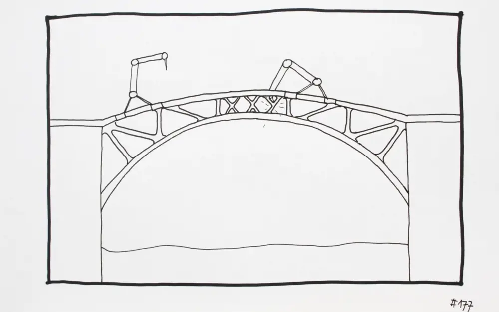 A black and white sketch of a 3D printed bridge over a canal.