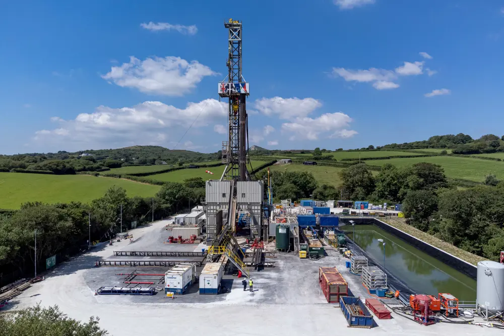 Geothermal drilling equipment from Eden Geothermal in the green countryside of Cornwall on a summer's day.