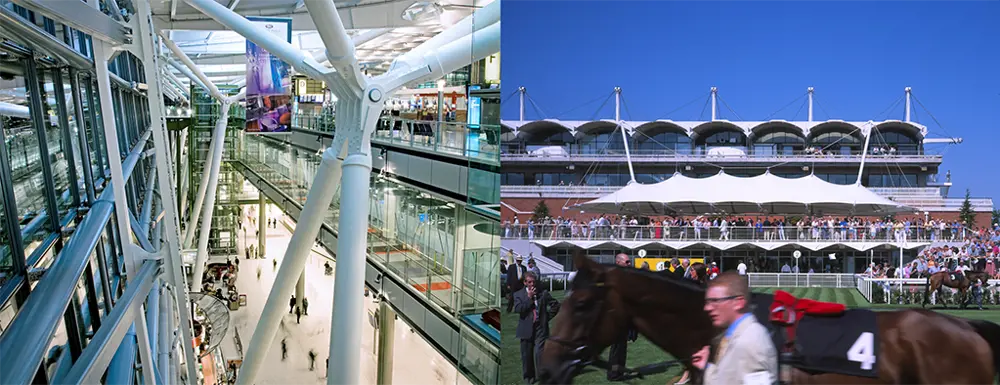 The inside of Heathrow Terminal 5, viewed from a high platform (left) . A racehorse being led by a person in the foreground with spectators in the background at Goodwood Racecourse (right).
