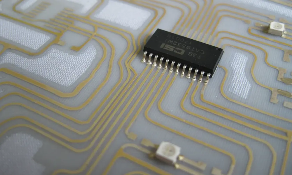 Gold 'wiring' printed onto a white fabric backing, soldered to an electrical chip. All connections and wiring are transparently coated. 
