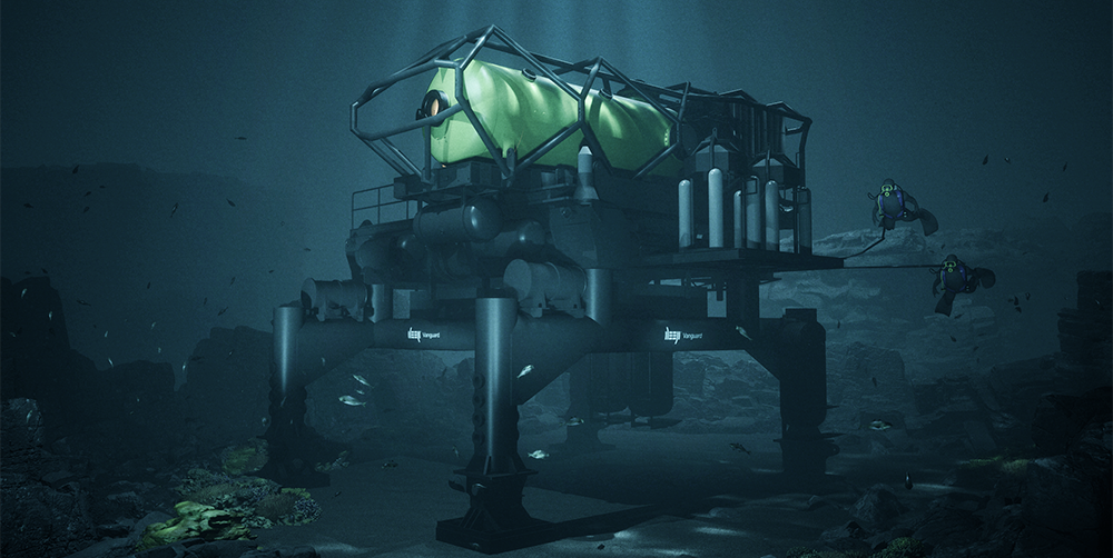 Underwater scene showing two divers approaching a large, four‑legged seafloor habitat with a bright yellow pressurised module encased in a metal frame.
