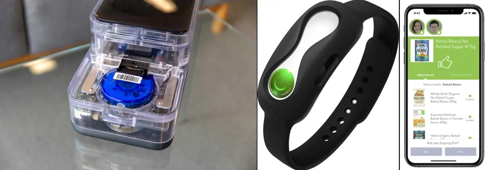 A collage of three images stitched together. Left is an electronic device in plastic casing, in the middle is a black wristband, and on the right is a smartphone app.