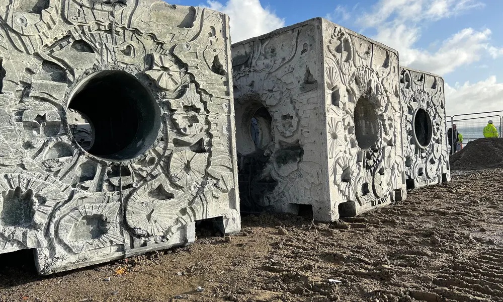 A row of three cube-shaped blocks for artificial reef structures on a beach. They have patterned sides and a hollow passage to help marine life flourish.