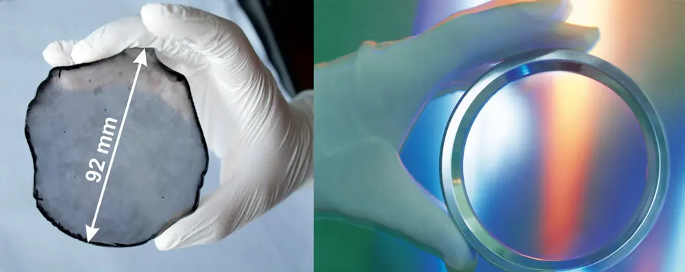 A collage of two photographs, each showing a gloved hand holding a flat diamond disc grown with continuous vapour deposition. The left disc is approximately 92 millimetres in diameter, and is unpolished and slightly opaque, the right disc is highly polished and transparent.