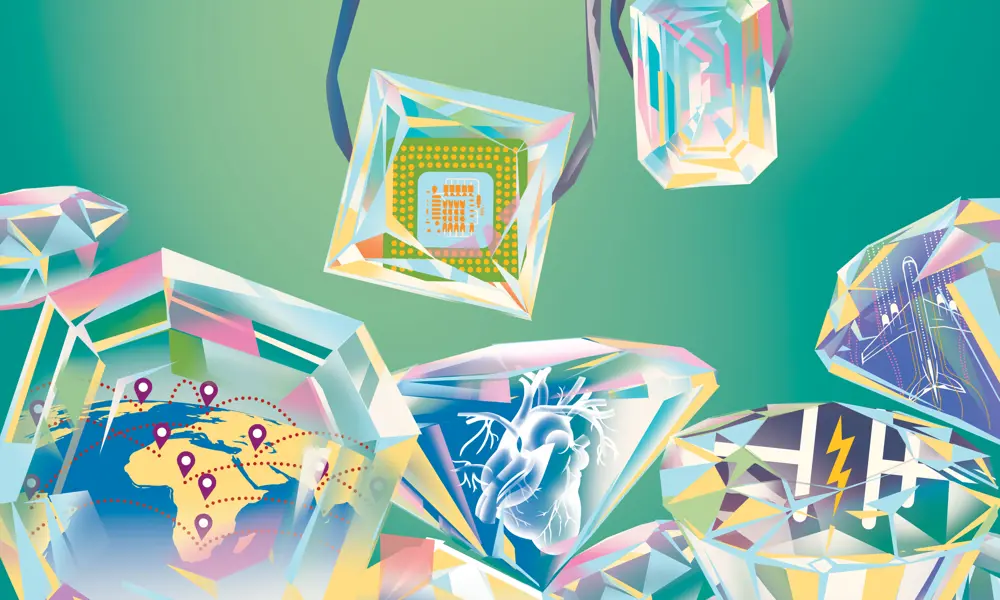 Artist's illustration of several polished and cut diamonds, each containing depictions of potential applications for diamond technology, such as navigation and improving our understanding of the body.