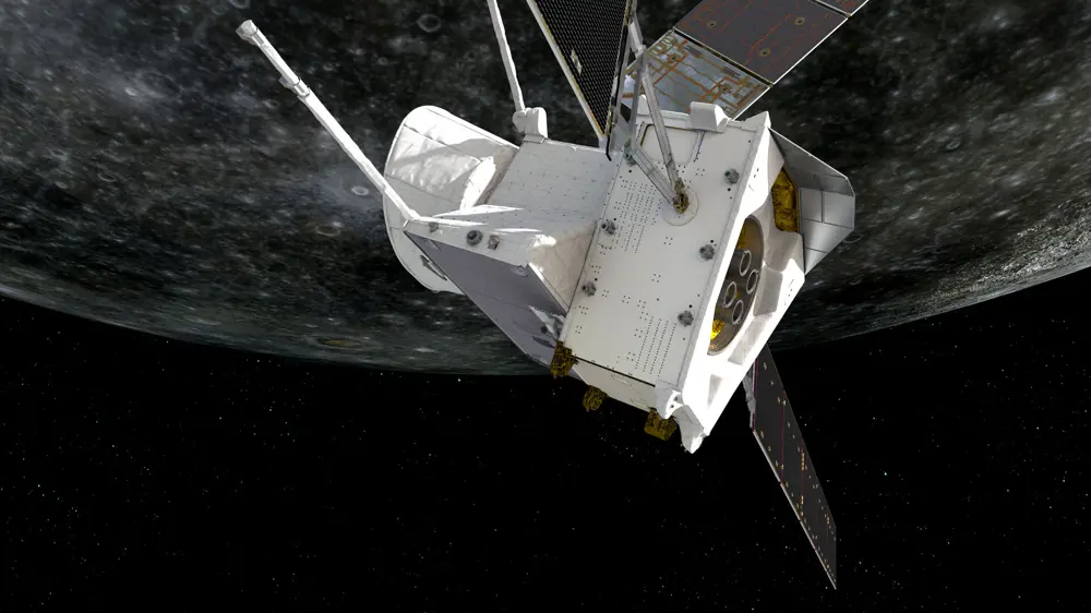 Spacecraft with extended solar panels passing near Mercury, set against deep space and a cratered surface.