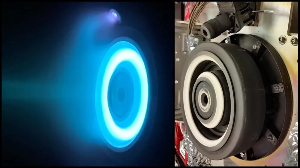 Close-up of glowing blue ion plume from a Hall-effect thruster during electric propulsion testing.