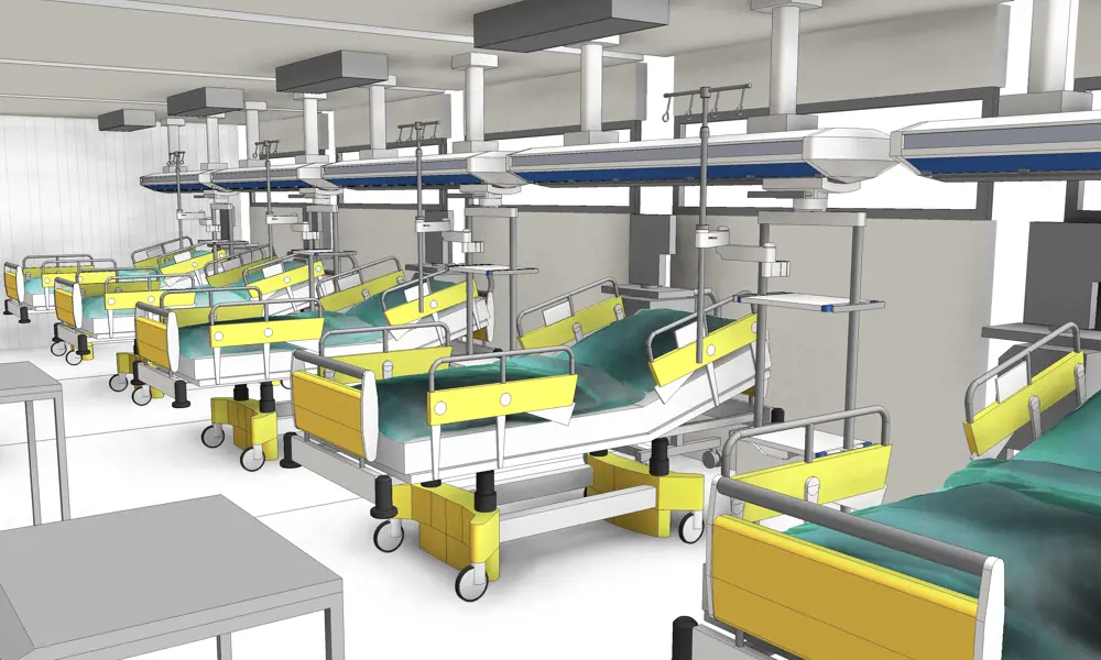 A digital rendering of the design for intensive care unit wards, with five beds spaced apart from each other. 