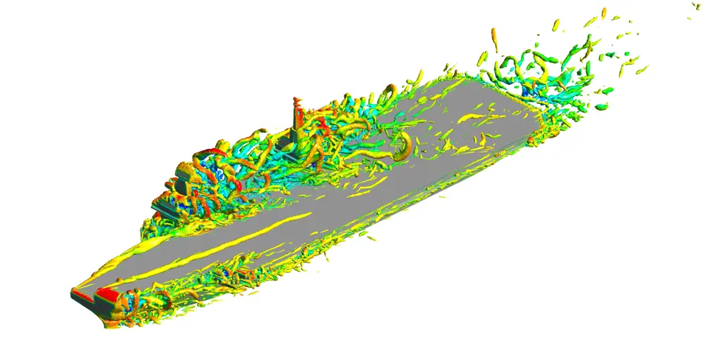 A screenshot in time in a computational fluid dynamics simulation of an aircraft carrier. Colourful turbulent vortices are shown gathered around the carrier. 