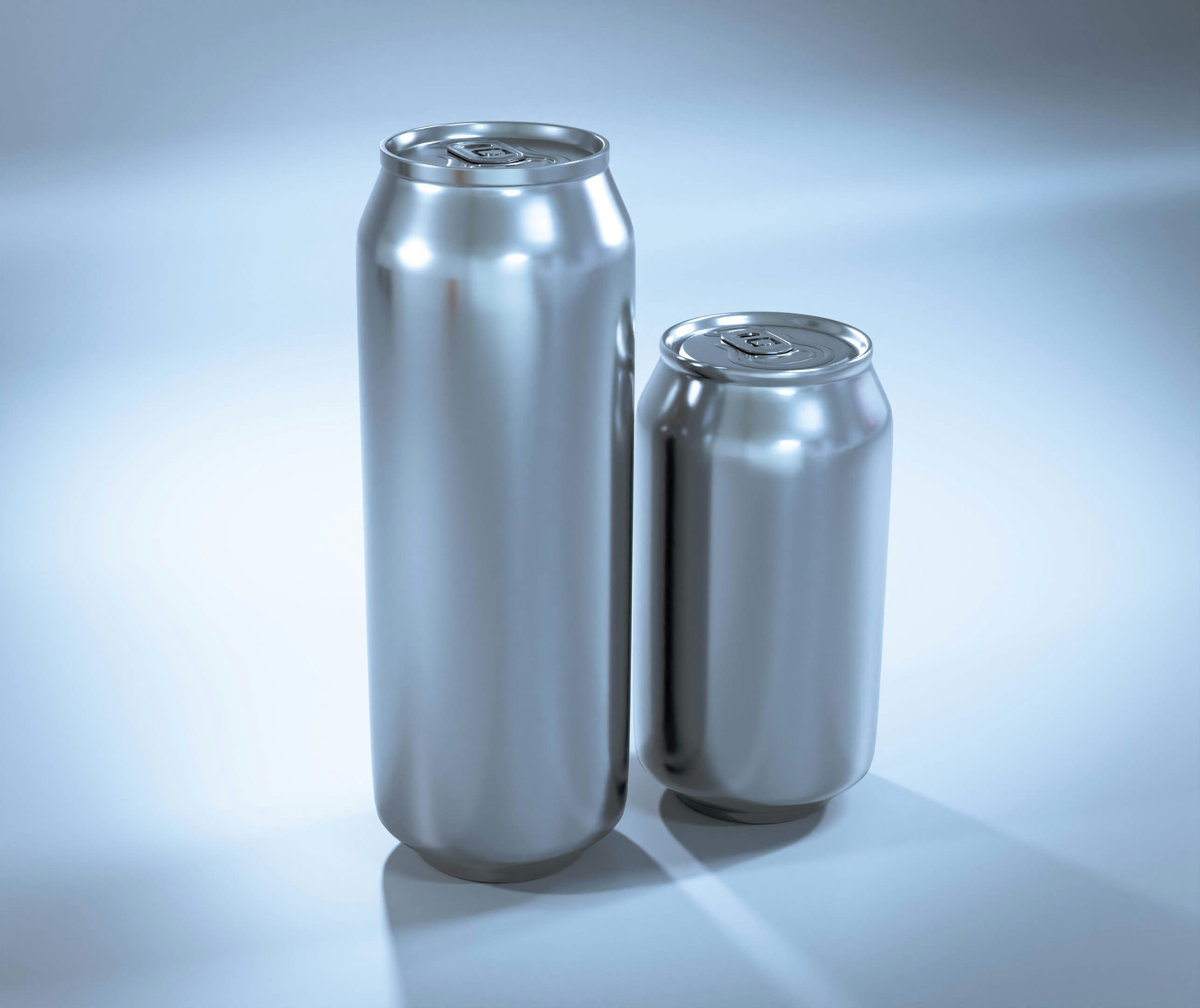 A tall and short aluminium can, both silvery and unbranded, stand side by side.