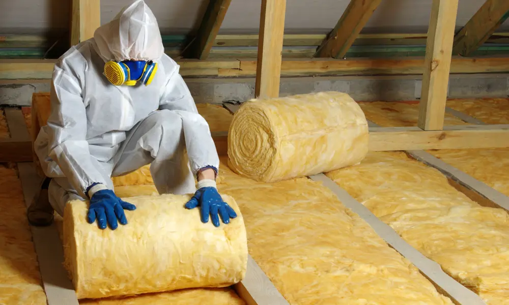 A person wearing a white PPE suit and blue gloves, unrolling insulation in an attic.