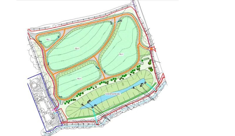 A map of a wetland showing four connected wetland cells next to a village, leading to an overflow area and river.