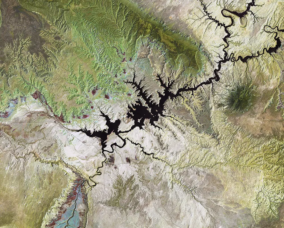 An aerial image of Lake Powell in the United States, showing the terrain in colour