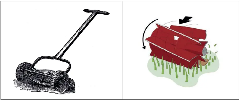 A drawing of a lawnmower and of a red lawnmower blade.